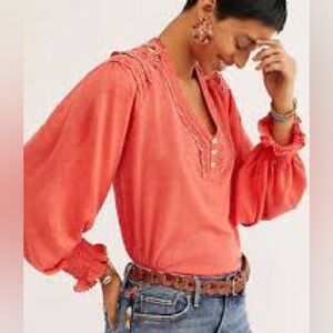 Free People Coral Orange Crochet Siesta Fiesta Embroidered Long Sleeve Top